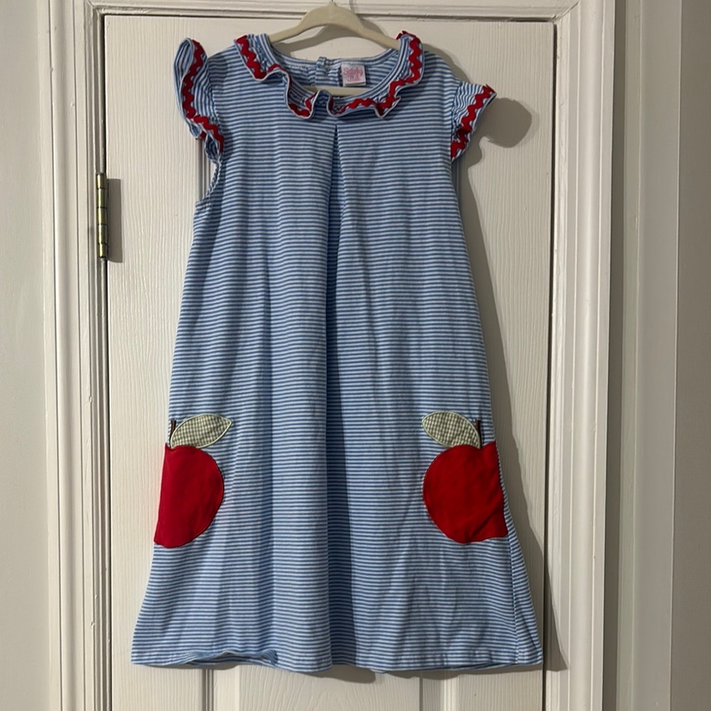 Blue Striped Kids Dress with Red Apples